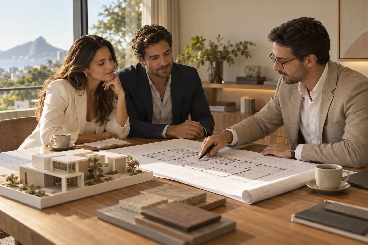 Reunião entre cliente e engenheiro em escritório de arquitetura, com plantas e maquete sobre a mesa