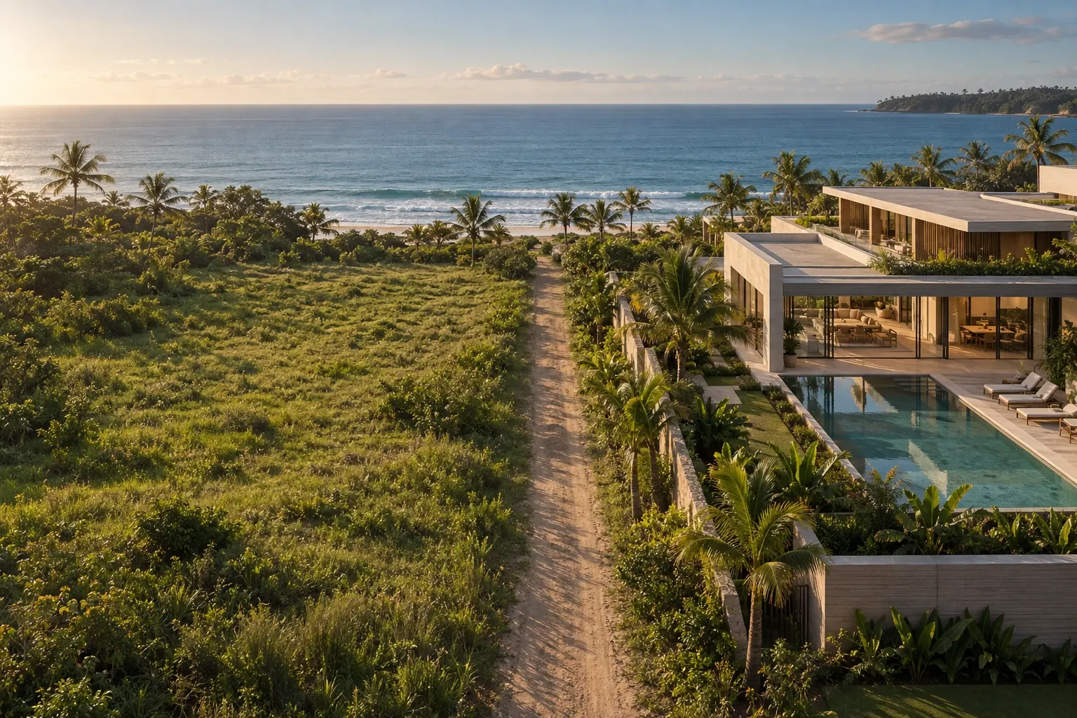 Terreno vazio com vista para o mar ao lado de casa pronta de alto padrão, representando a decisão entre construir e comprar