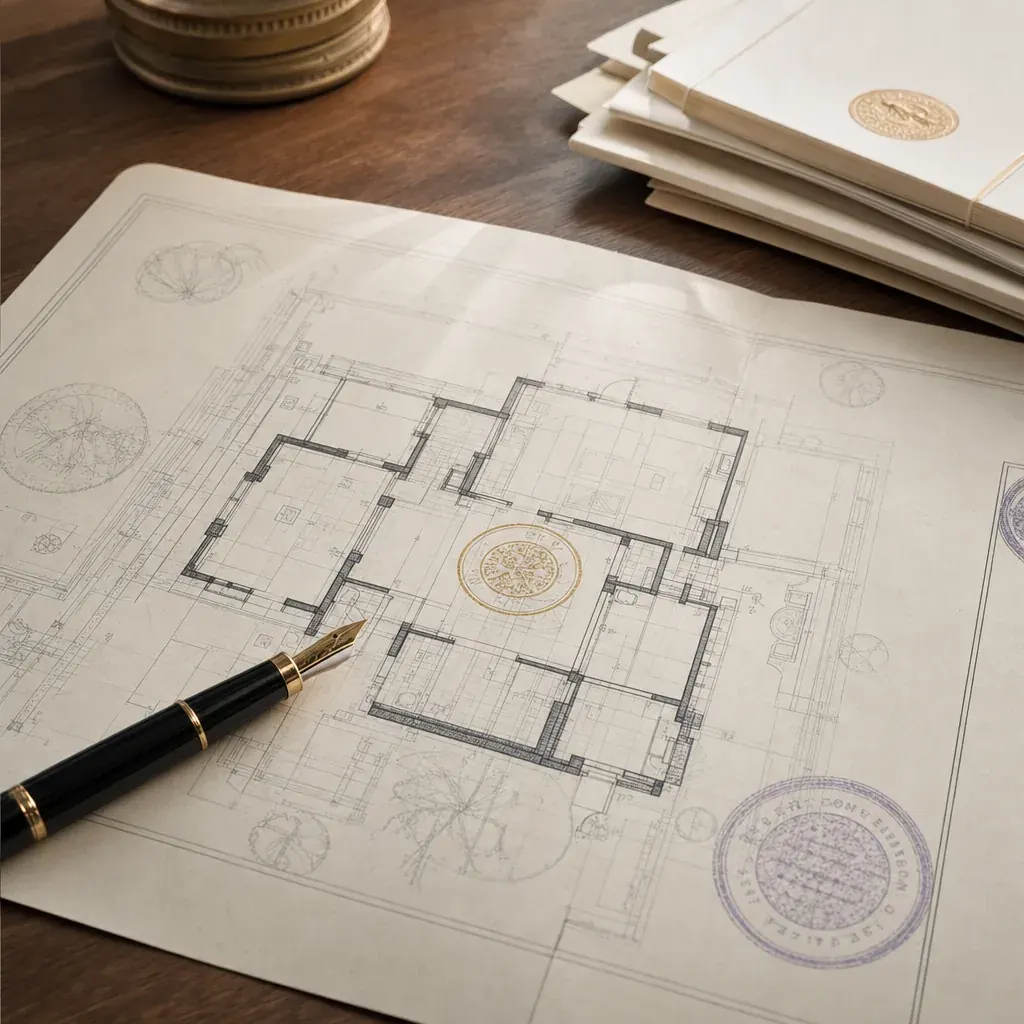 Planta arquitetônica com carimbos de aprovação de imóvel na Bahia, conduzida pela Diego Viana